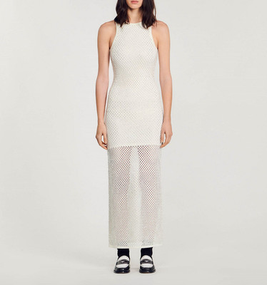 Sandro Women's Dress Long Rhinestones Knit Ecru FR 36 / US 4 S SFPRO03476