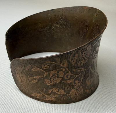  Vintage Solid Copper Floral Cuff Bracelet Wide Concave Patina Verdigris Boho 