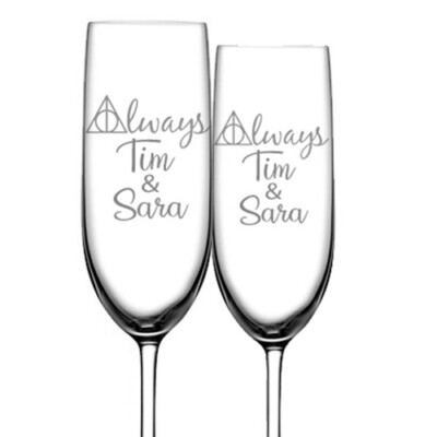 Always Personalized Wedding Champagne Flutes -Set of 2 glasses for toasting/brid