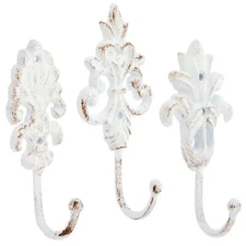 3 Set 6.5" White Cast Iron Wall Hooks French Country Farmhouse with Screws