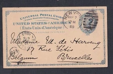 USA 1889 2c LIBERTY POSTAL STATIONERY CARD NEW YORK TO BRUSSELS BELGIUM