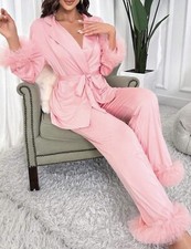 Women's 2 Piece Solid Lapel Neck Belted PJ Set Silk Pink Flare Sleeve Belted
