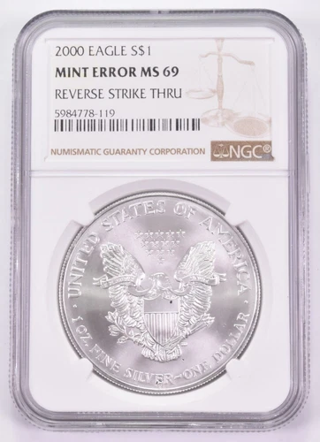 2000 Mint Error MS69 Silver Eagle Reverse Strike Thru NGC Brown Label
