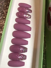 Plum Purple Matte Press On Nails | Sparkle Tip Glue On Fake Fingernails Lavender