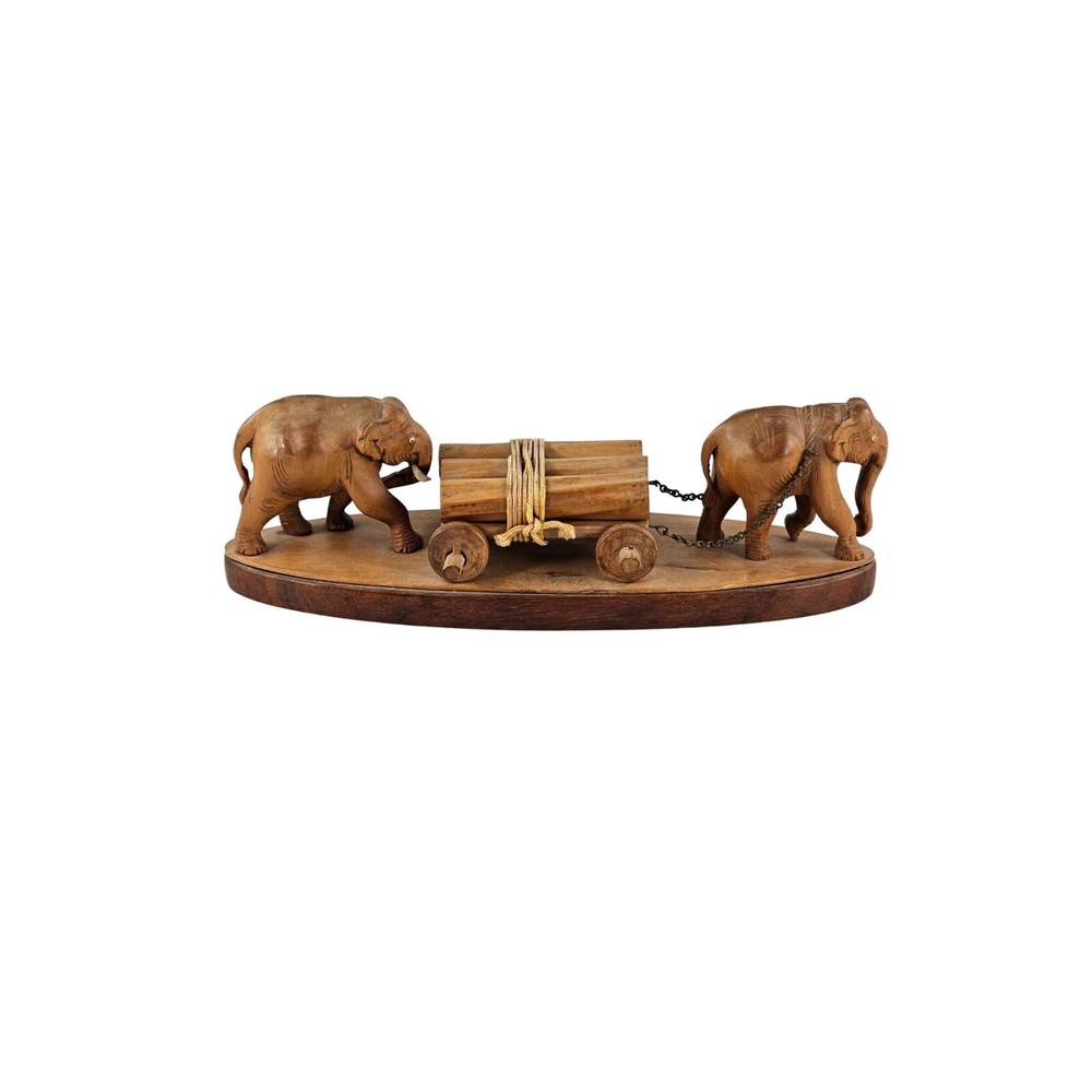 Hand Carved Wooden Elephant Pulling Logs on Wagon, 8