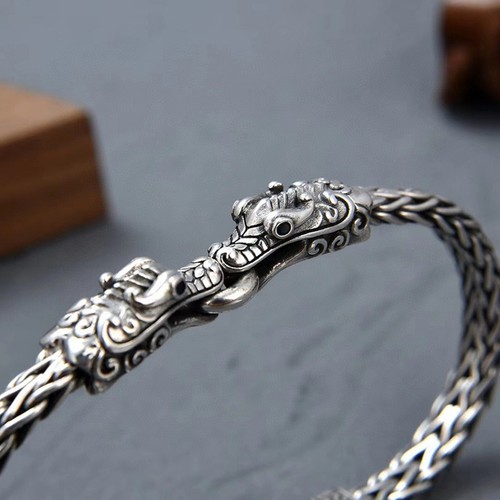 Pure S925 Sterling Silver Lucky Double Dragon Head Braided Wheat Bracelet 30g - Picture 3 of 9