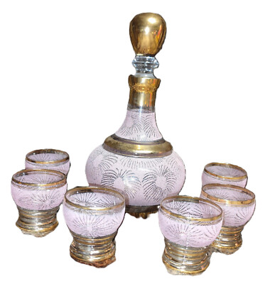Vintage Set Likör Flasche 6 Gläser ca. 1920err Jahre Gold Rose Glas Einzigartig