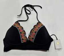 Shade  Shore Push Up Tropics Halter Black Bikini Embroidery Top Size 32C