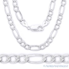 5.5mm Figaro Link Chain Diamond-Cut Pave Necklace in .925 Italy Sterling Silver
