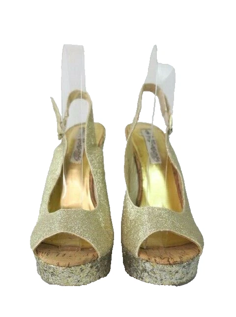Naughty Monkey Oro Brillo Grueso Tacón Metálico Eslinga 8 Tacones Plataforma Año Nuevo Foto 3 de 4