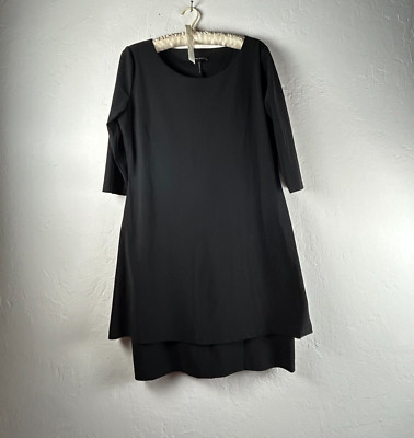 Sarah Pacini Womens Layered Hem Dress Boat Neck 3/4 Sleeve Size 2 Black Stretch