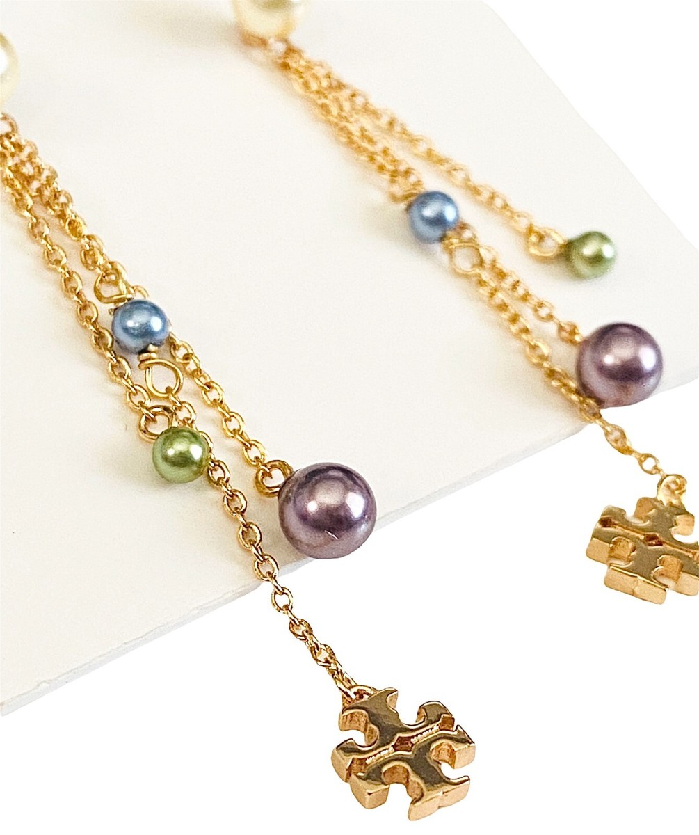 Auth NEW Tory Burch Gold Kira Delicate Glass Pearl Linear