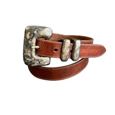 Y2K Brown Leather Belt Eddie Bauer Tarnished Silver Tone Buckle Womens Medium