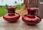 Vintage Anchor Hocking Ruby Red Ruffled Edge Small Bud Vase Pair - 3 1/4"