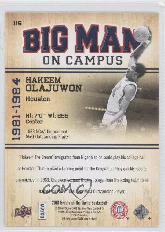 2009-10 Upper Deck Greats of the Game Big Man on Campus Hakeem Olajuwon #115 HOF - Image 2 of 2
