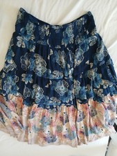 CERRULEAN Blue Diamond Floral Tiered Maxi Skirt Shirred Elastic Waist Boho 14