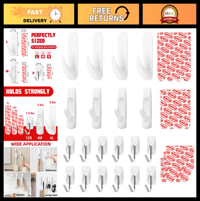 20 Hooks + 32 Strips Heavy Duty Adhesive Wall Hooks - No Damage Utility Pack for