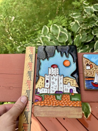 Vintage set of four Greek pottery tiles village sea buildings - Picture 7 of 12