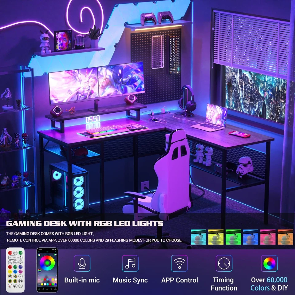 L Shaped Computer Desk with Magic Power Outlets and Smart LED Light, Reversib... - Image 3 of 4