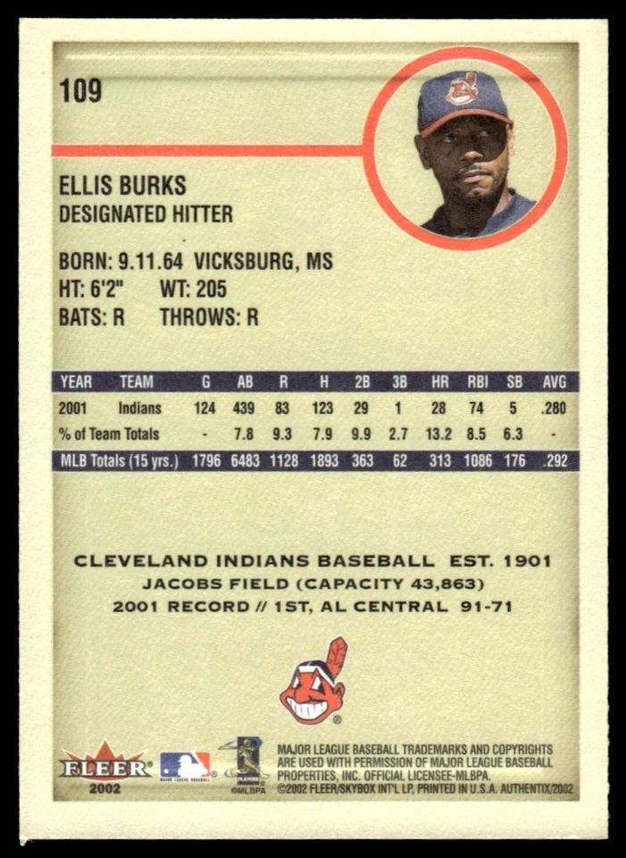 2002 Fleer Authentix Ellis Burks Cleveland Indians #109 - Image 2 of 2