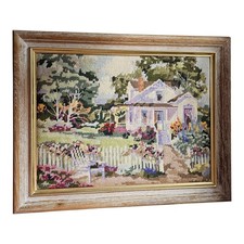 VTG Framed Cross Stitch Cottage White Picket Fence Trees Flowers 19.5x15.5 READ