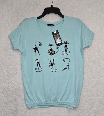 Miss Pearl Women's Mid-Century Retro Cats T-shirt Short Sleeve Blue Size Large