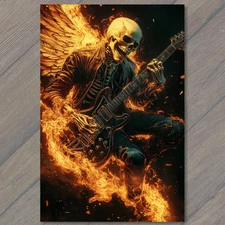 Art Print Skeleton Guitarist Flames Wings Leather Jacket Halloween Fire Rock Sku