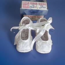 Vintage Baby Deer White Satin Lace Ribbon Crib Shoe Christening Size 1