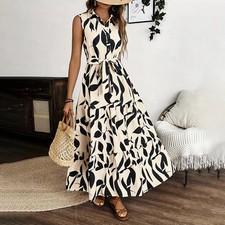 Women Sleeveless Boho Floral Maxi Dress Summer Button Shirt V Neck Flowy Belted 