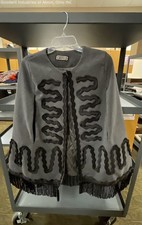 Joy Couture Women's Gray Cape Jacket Military Embroidered Ric Rac Fringe One