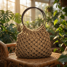 Macrame Purse Vintage 1970s Boho Jute Natural Fiber Woven Handbag Round Handles
