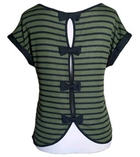 Olive Green & Black Striped Bow Tie Back Women's Short Sleeve Blouse Top Size S