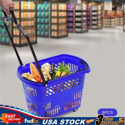 6pc Blue Shopping Carts with Wheels & Handle Plastic Rolling Shopping Basket