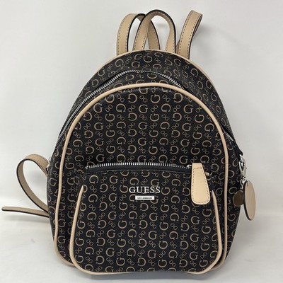 Guess Pandore Womens Mini Backpack Purse Signature Logo Print Beige & Black New