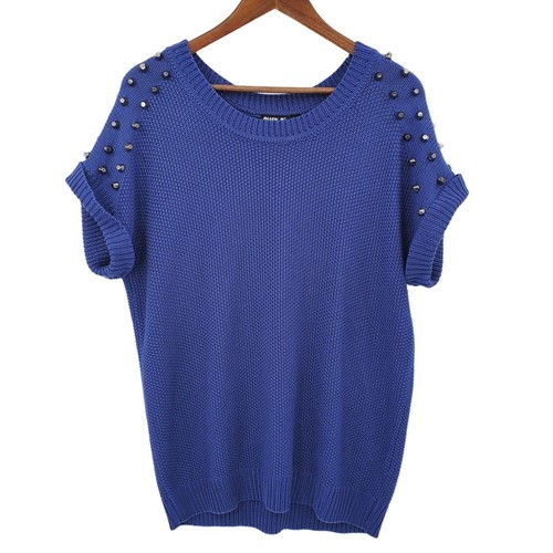 Allen B. Schwartz Womens Waffle Knit Studded Sweater Size L Blue Short Sleeve