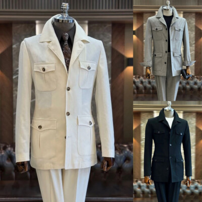 Fashion Men Safari Jacket Wedding Groom Casual Outdoor Hunting Coat Peated Pant