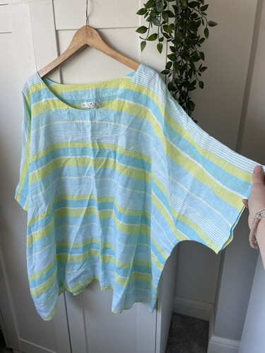Box 2 Tunic Top One Size 100% Linen Blue Lime Stripe 34" Pit to Pit Lagenlook
