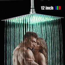 12 Inch Brushed Nickel LED Rainfall Shower Head Square Ultra Thin Top Sprayer