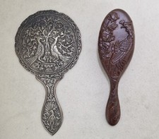 Antique Hand Mirror & Hairbrush Set Victorian Style Peacock Floral Vintage Decor