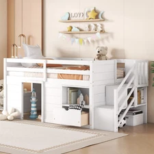 Modern Wood Bed Frame Twin Loft Bed w/Stairs Drawer and Shelf for Bedroom White