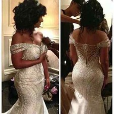 Mermaid Wedding Dresses Organza Beading Backless Sequin Off Shoulder Bridal Gown