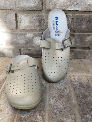 INBLU Slippers Slipon Shoes Sandals Clogs Leather Cream Beige Women s 37 US 6.5