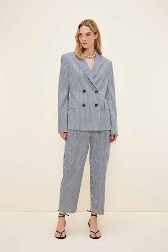Women's Grey Striped Spring Suit Business Peak Lapel Double Breasted Regular Fit - Picture 2 of 8