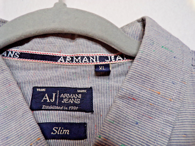 Armani Jeans Men's Shirt XL Slim Fit Blue Cotton Button Long