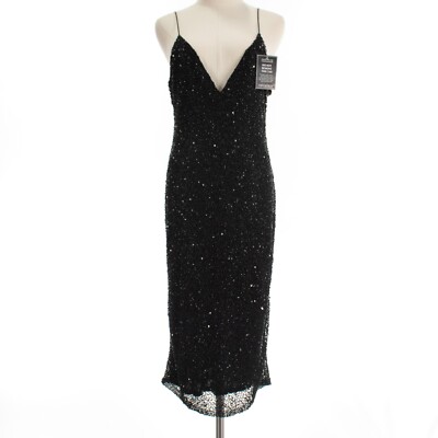 Retrofete NWD Spaghetti Strap V Neck Dress Size Large in Black Sequins/Beads