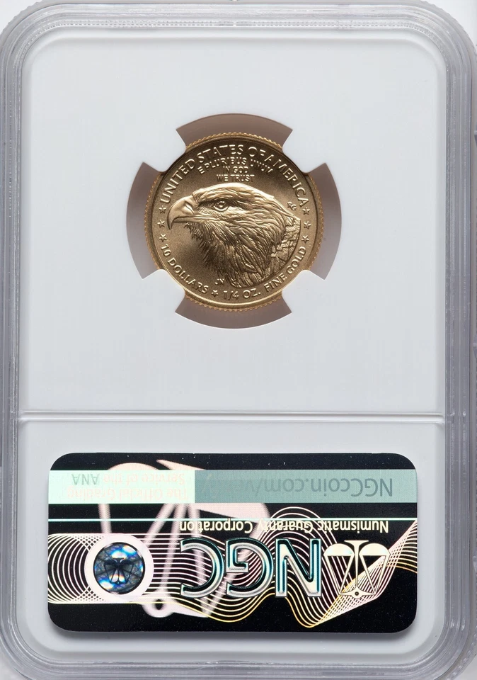 Troqueles de prueba sin terminar Gold Eagle 2021-W 1/4 oz $10 NGC MS70 tipo 2 J. Norris Sig Foto 2 de 3