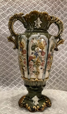 ANTIQUE FRENCH MAJOLICA VASE BARBOTINE DOUBLE HANDLE GOLD ACCENTS 9.5 
