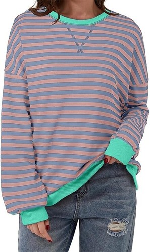 AlvaQ Womens XL Oversized Sweatshirt Crewneck Long Sleeve Striped Pullover New