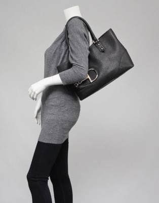 Gucci Black Pebbled Leather Hasler Horsebit Double Handled Boston