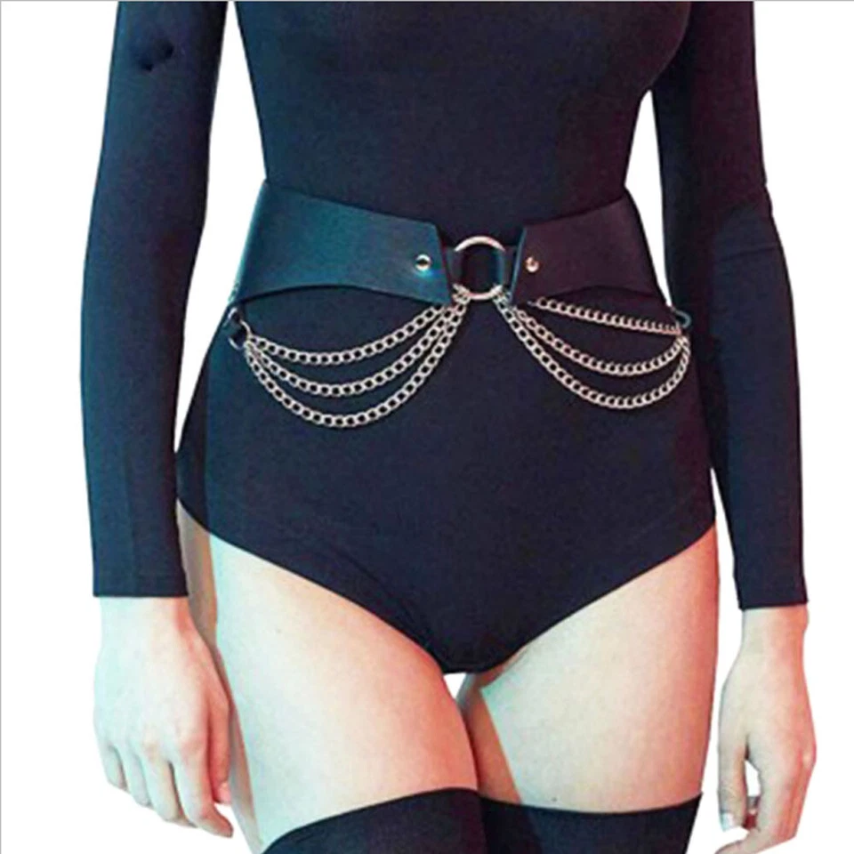 Rock Punk Faux Leather Triple Chain Belt Waistband Body Harness Chic Accessory - Image 2 of 4